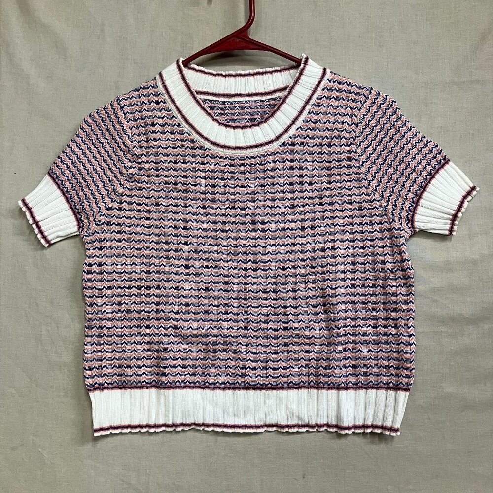 Unbranded Women's Small Striped Rib Knit Short Sleeve Crop Sweater Round Neck